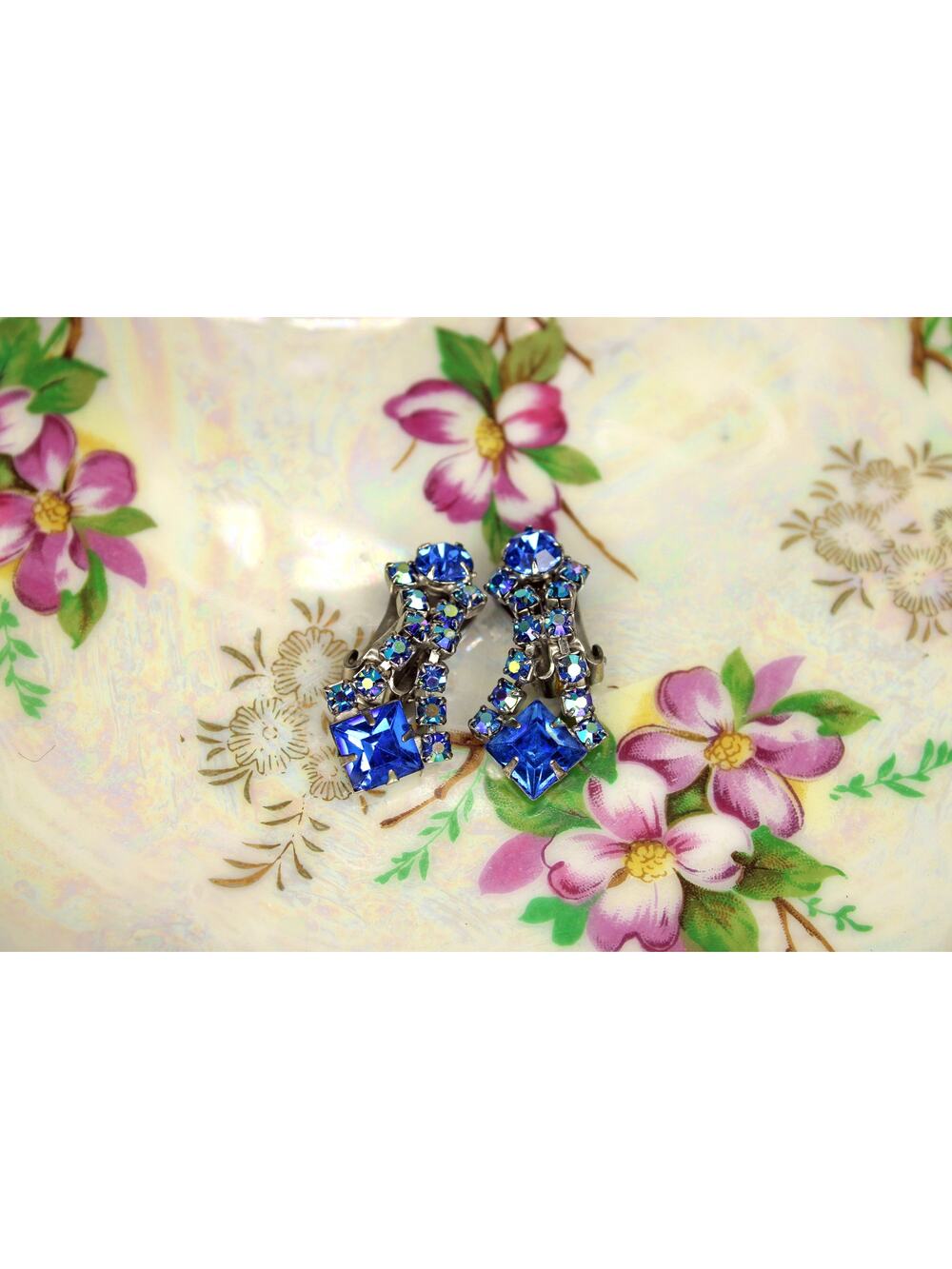 Mid-Century Blue Aurora Borealis Dangle Clip Earrings